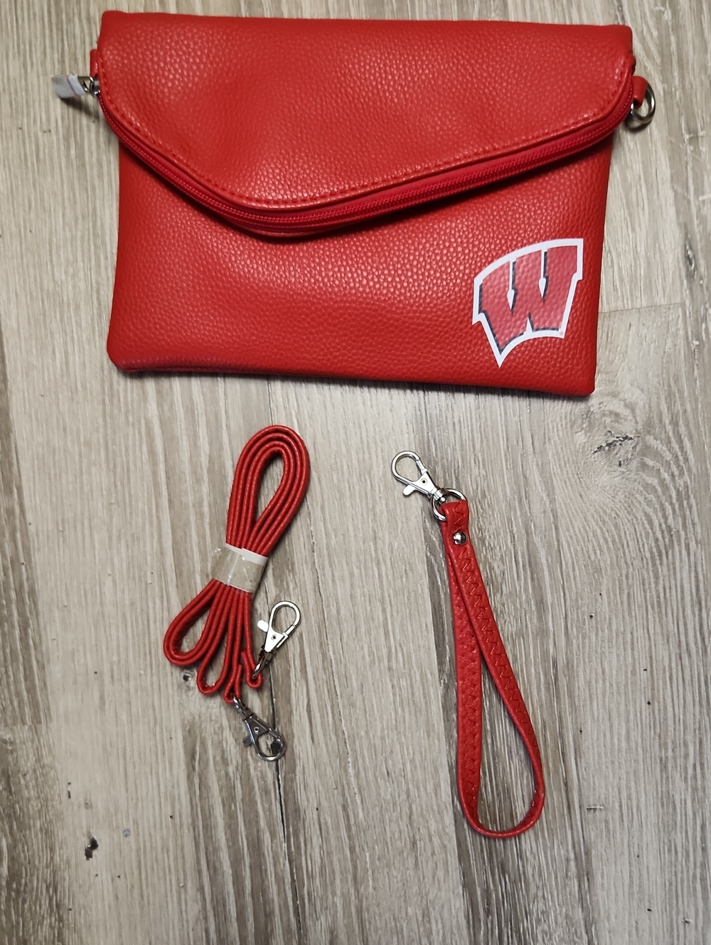 Red Wisconsin Faux Leather Convertible With Crossbody & Wristlet Clutch Bag NWOT
